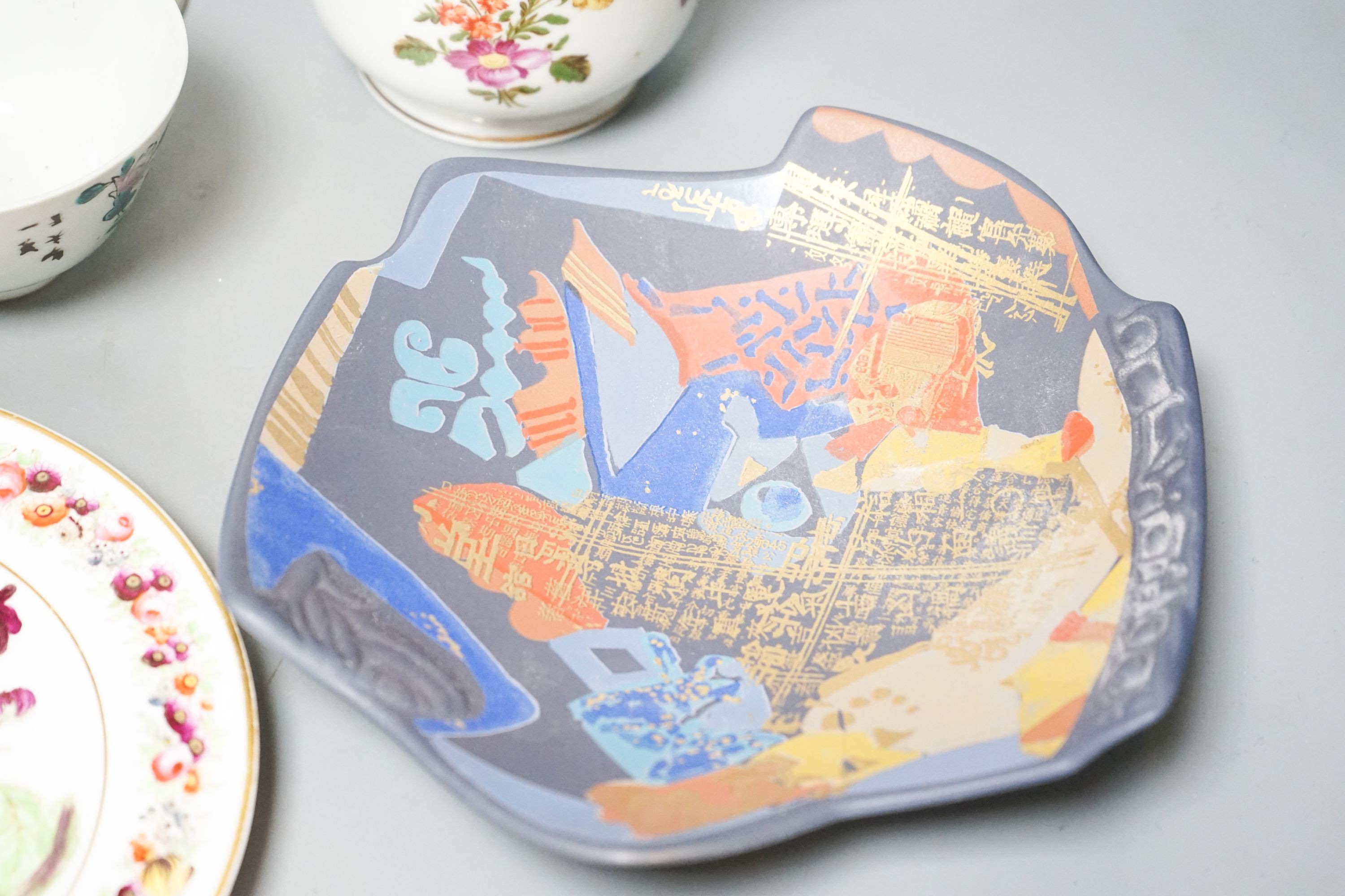 A group of Continental ceramics, a Bohemian glass goblet and Royal Crown Derby items